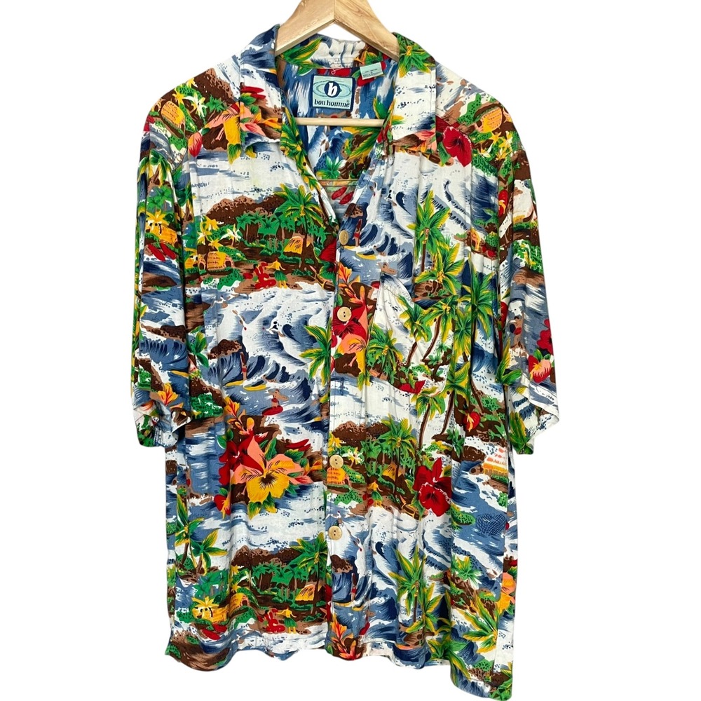 Vintage Hawaiian Shirt Men FLAWS Rayon Size Large Tropical Colorful Short Sleeve